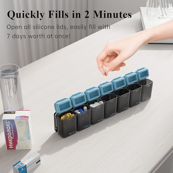 KOVIUU Weekly Pill Organizer, Magnetic Medicine Vitamin Case 1 Time a Day | Week Once Daily Supplement Box, Removable Medication Container Holder for Fridge, 7 Day Large Travel Pill Dispenser, Blue