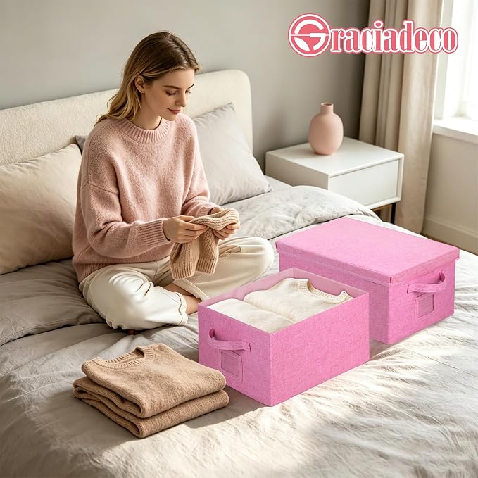 Storage Bins With Lids Closet Organizer Cabinet Box For Clothes,Toys,Shelf | 2 Pack, 17"X 12"X 2", Collapsible, Stackable, Dustproof, Built-In Handle, Label Slot, Linen Fabric, Cardboards, Pink