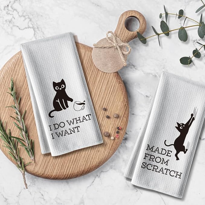Cat Themed Funny Dish Towels, 16 x 24Inch, 2 Pack, Flour Sack, High Absorbent Tea Towels for Cat Lovers