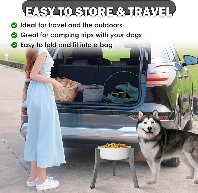 Elevated Dog Bowl Stand for Large Dogs with Platform, Adjustable Width 7-10.6", Raised Food Water Bowl Stand, Grey, Bowl NOT Included