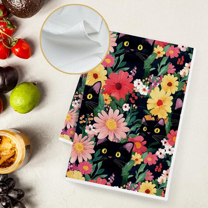 Cute Cat Gifts for Women Cat Mom Lover Lady,Cats Flower Kitchen Hand Towel Decor,Cute Hand Towel for Bathroom,Dish Towels Baking Cooking Drying Cloth,Cats Themed for Her