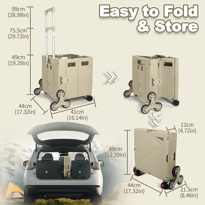 76L Folding Utility Cart Portable Rolling Crate Handcart Shopping Collapsible Tool Box with Stair Climbing Wheels,Hidden Lid,2 Rotate Wheels,for Grocery,Shopping,Office,Storage(Brown)