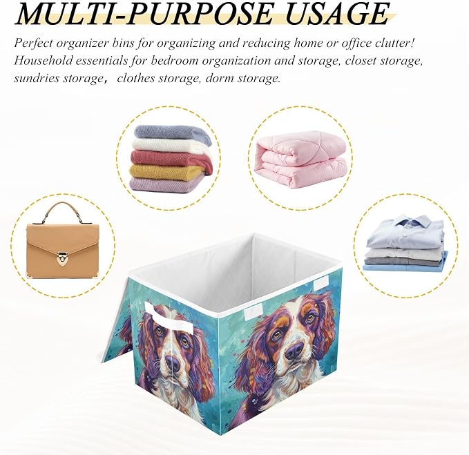 Pet Animal Painting Storage Bins with Lids Closet Bedroom 40L Fabric Bin | Decorative Storage Boxes, Foldable & Stackable, Dust-Proof Flip Top, Reinforced Handles, For Home & Dorm, Clothes & Toy Box