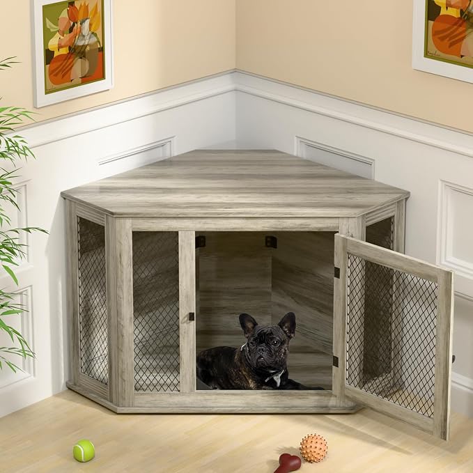 44" Corner Wooden Dog Crate Furniture Kennel Indoor | Corner Dog Kennel Furniture for Medium-Large Dogs, Space-Saving Decorative Indoor Pet House