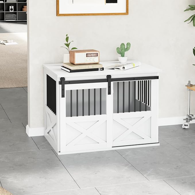36" Wooden Dog Crate Furniture,Big Kennel Pet Cage End Table for Indoor | for Large Medium Dogs, White, Fits Living Room Bedroom, Heavy Duty Steel Frame,Sliding Barn Door,60 lbs Cap, 100 lbs Top.