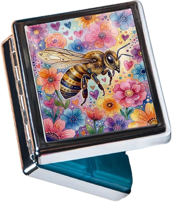 Weekly Pill Organizer, Metal Pill Box with 8 Compartments, Small Travel Pill Case for Purse Pocket, Medicine Vitamin Supplement Organizer (Honey Bee)