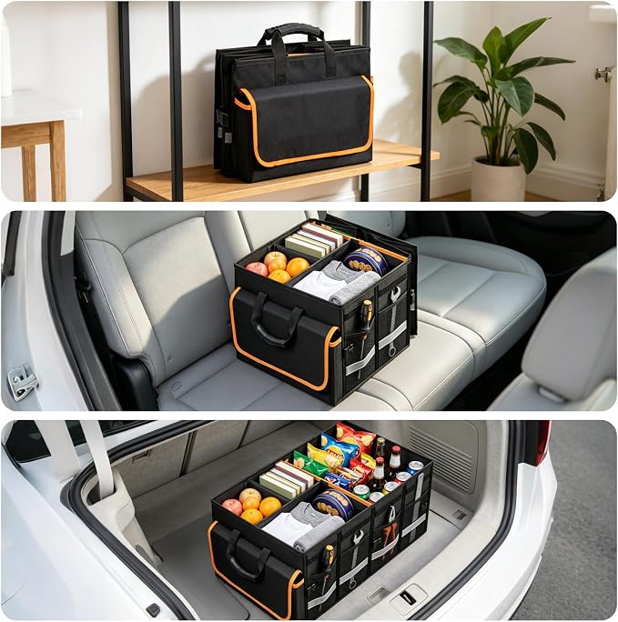 GDNasist Car Trunk Organizer and Storage for Car, SUV & Sedan | Collapsible Trunk Organizers with Lid, Car Accessories for Women Men, 2 Removable Dividers for Custom Space, Interior