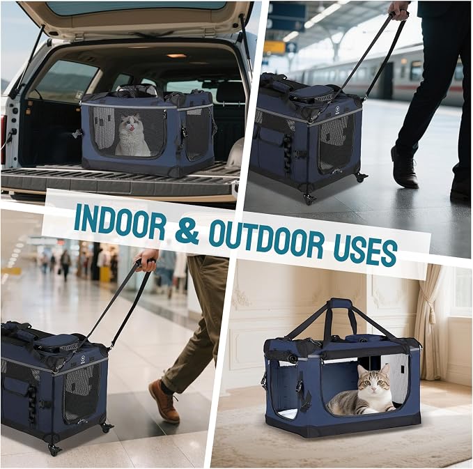 PEGIC 24-inch Rolling Extra Large Cat Carrier with Wheels | Spacious Travel Solution for Large Cats & Two Kittens, Reinforced Non-Sagging Base, For Car Rides & Vet Visits