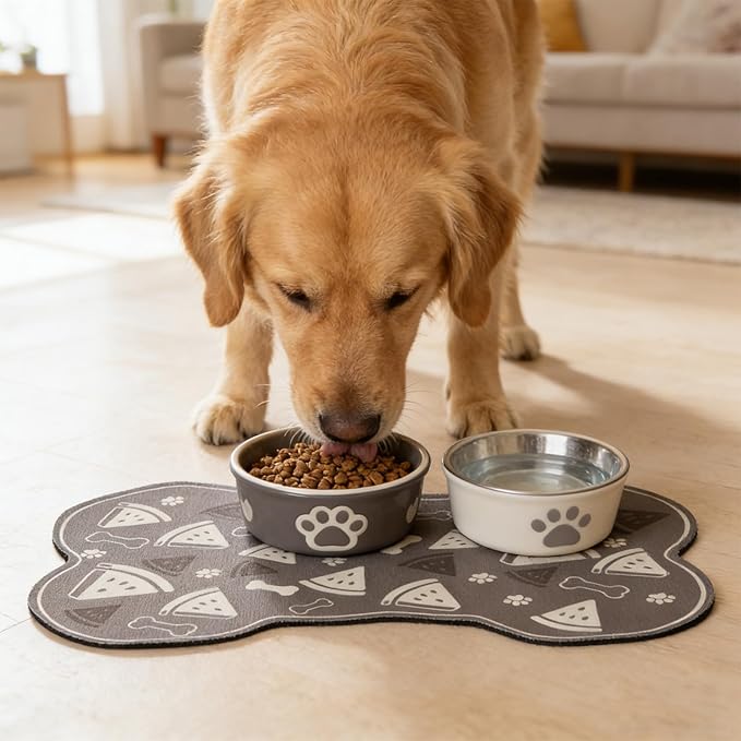 Dog Food Mat, 0.15” Thickened Super Absorbent Pet Feeding Mat for Food and Water, Fruit Donut Pattern Cat Placemat, Quick Dry Non-Slip Dog Bowl Mat, Water Splash Proof(Small Donut Blue)