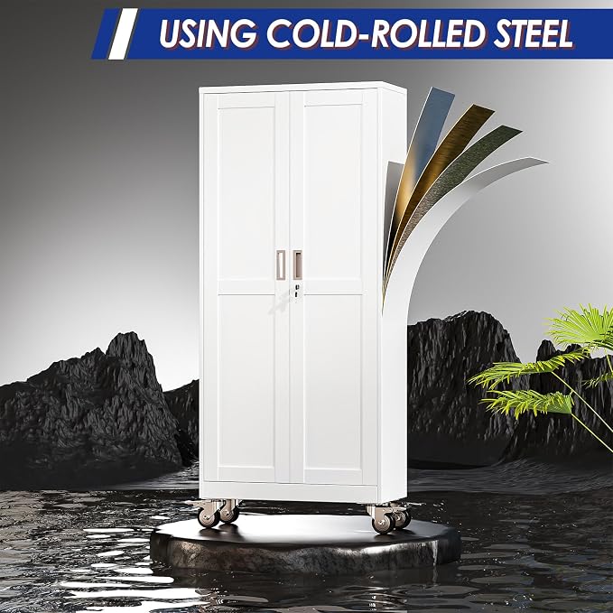 GAIOUS 73.6” Tall Metal Garage Storage Cabinet with Lock, Steel Tool Cabinet with 5 Adjustable Shelves, New Upgrade Lockable File Cabinet with Wheels, Organization for Home Office Garage Gym - White