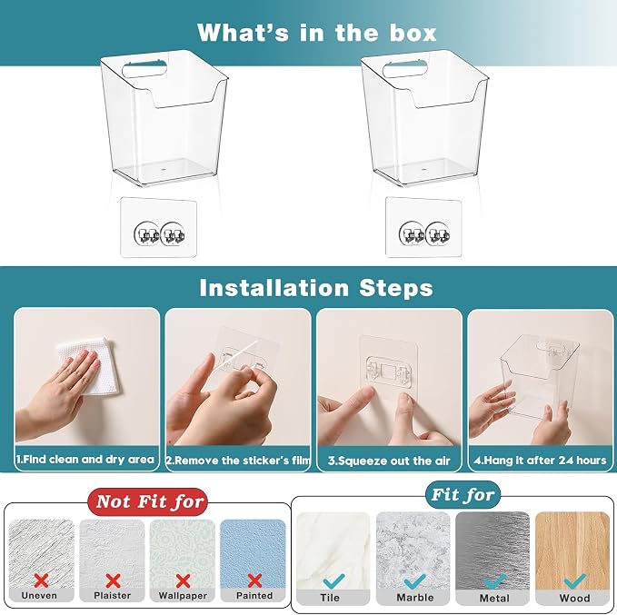 2-Pack Kitchen Cabinet Door Organizer Adhesive, Drink Packet Organizer | Hanging Storage Bins, Stick on Small Wall Storage Container, Clear Bathroom Under Sink Caddy Spice Rack for Pantry Organizer