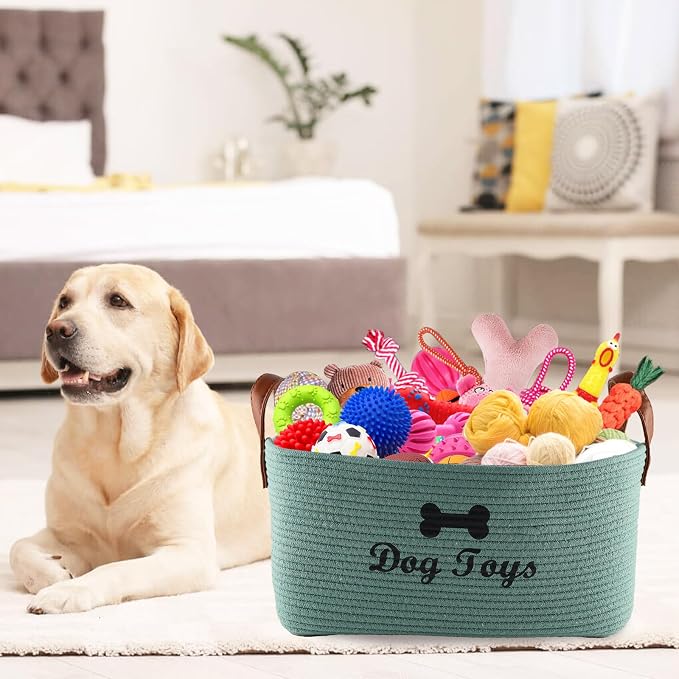 X-Large Cotton Rope Dog Basket with Leather handle Blanket Storage Basket Decorative Clothes Hamper Basket | Extra Large Baskets for Blankets or Laundry-Geen