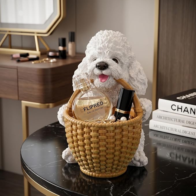White Poodle Candy Bowl, Resin Dog Figurine Key Bowl for Entryway Table, Desktop Storage Basket Organizer for Desk, Unique Dog Lover Gift