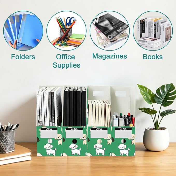 SPRIPORT Cute Pet Dogs Green Print Water Resistant PP Magazine File Holder Organizer for Desk, Foldable Storage Rack for Office School Library Document Sorter with Labels 23x30x10cm (3 Pack)