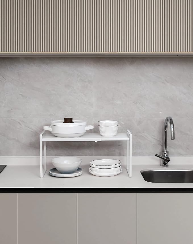 Nxconsu Expandable Shelf for Cabinets, Cabinet Shelf Riser, 12" White | Heavy-Duty Organizer Metal Dish Riser for Cabinets Holds 50LBS and Expands 13.4 to 24.5 in for Kitchen Pantry Plate Mug Spice