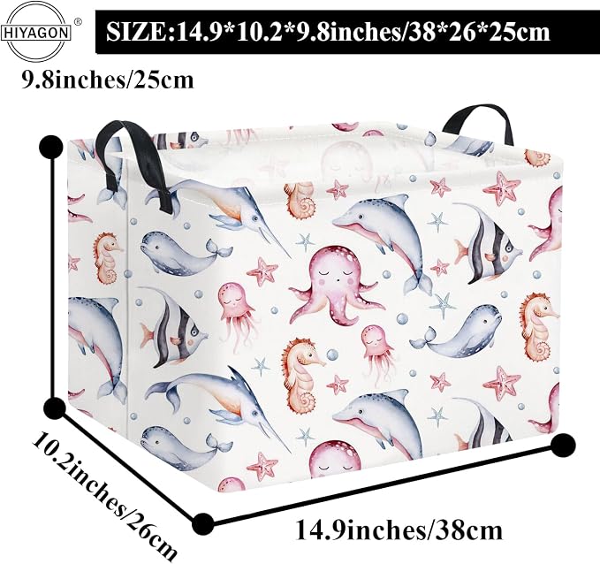 Rectangular Ocean Basket for Kids Baby Basket for Boys and Girls Cute Storage Organizer Bin Box Sea Fishes Room Decor(Sea Fishes)