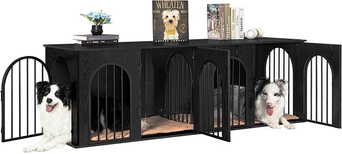 Hzuaneri 70.9" Double Dog Crate Furniture, Dog Kennel Indoor with Cushion | Heavy Duty Dog Crate Furniture for 2 Dogs,Dog Cage End Table TV Stand with Divider for Med-Large Dogs,Black DFC81904B