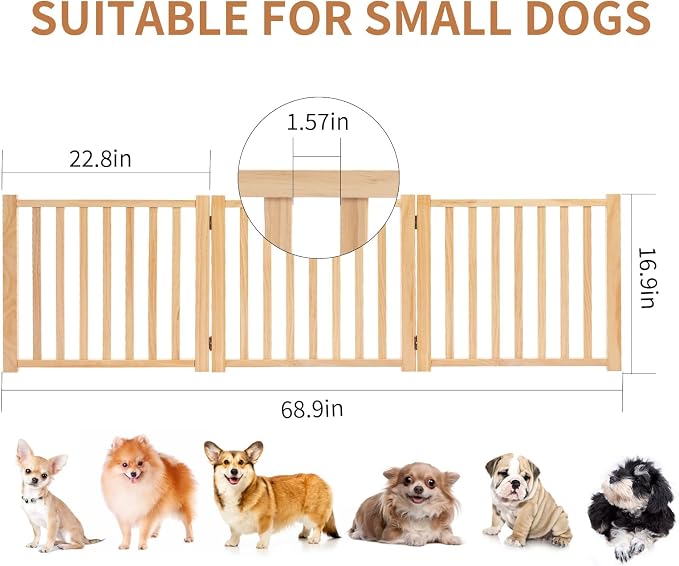 YOCAN Non-Painted Wooden Freestanding Dog Gates - 3 Panels L:69" H:16.9" | Pet Gate for The House,Doorways, Stairs,Wood Dog Fences Indoor Pet Gate,Step Over Fence