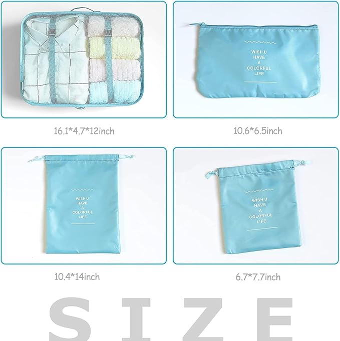 LANSKLBD 6/8 Set Packing Cubes for Suitcases Travel Luggage Packing Organizers,Travel Accessories Essentials Luggage Organizer with Shoe/Tioletry/Laundry Bag (Light Blue, 8 set)