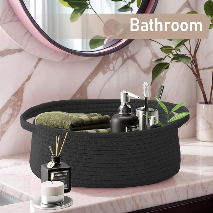JMvicyroam Small Woven Basket, Empty Gift Basket, Black/3 Pack | Small Gift Basket, Cotton Rope, 12 x 8 x 26 in, Handles, Includes Ribbon and Bag, Birthday Gift Basket