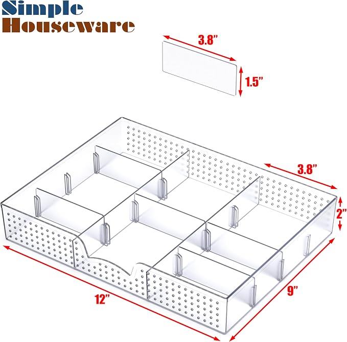 Simple Houseware Drawer Organizer Tray, 9 Adjustable Compartments, Clear | For Office, Makeup, and Craft Drawer or Desktop Storage