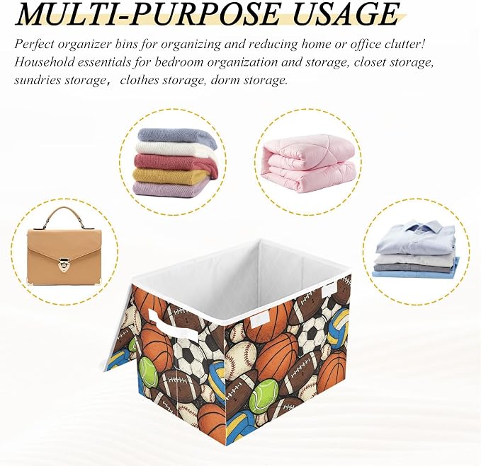 Ball Sport Soccer Storage Bins with Lids Closet Bedroom 40L Storage Basket | Decorative Storage Boxes, Foldable & Stackable, Dust-Proof Flip Top, Reinforced Handles, For Home & Dorm, Clothes & Toy Box