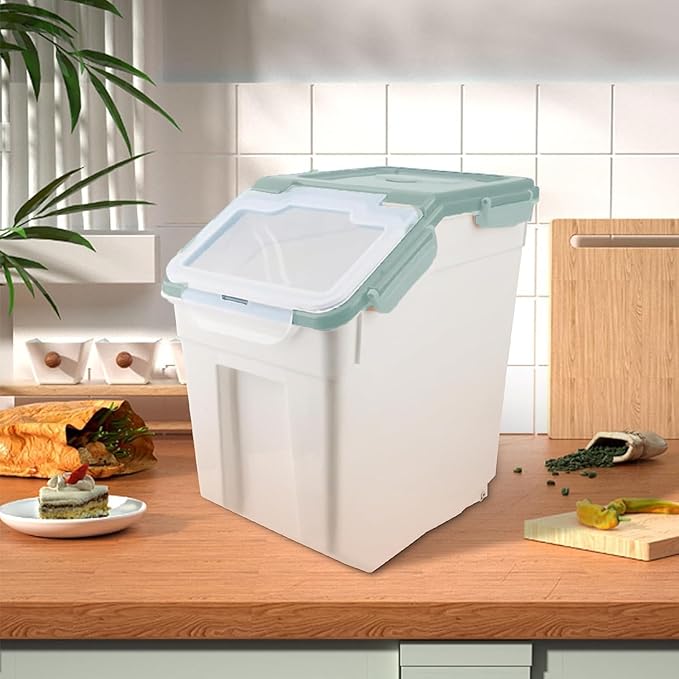 Rice Storage Container 2 Pack 50 lb Flour Storage Container with Wheels, BPA Free Food Storage Container with Measuring Cup Dog Cat Food Bin Set for Dry Food Sugar, Cereal-Green