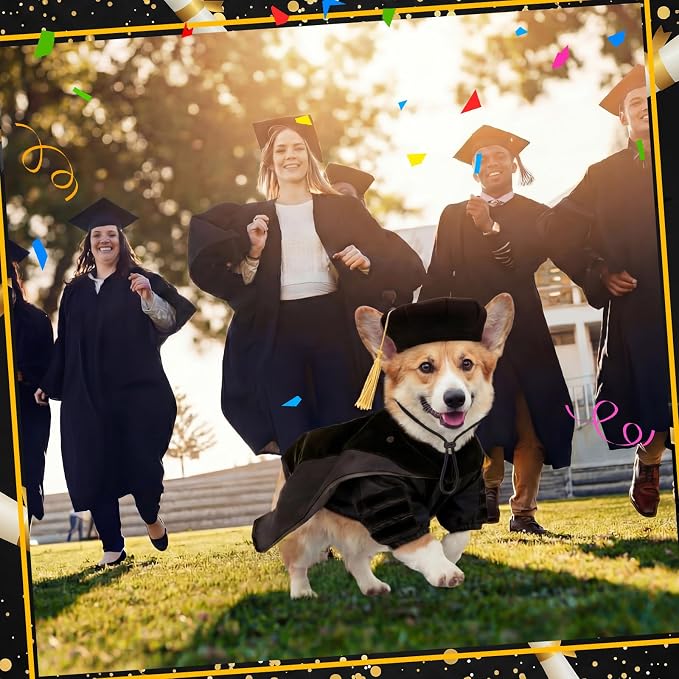 Huhumy 3 Pcs Dog Cat Graduation Doctoral Costume Set, 2026 Pet Phd Graduation Cap and Deluxe Doctoral Gown with Hood Side Tam Puppy Kitty Dogs Grad Holiday Party Costume Accessory(Black,L)