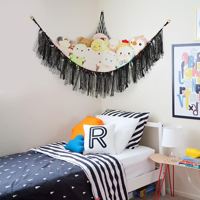Stuffed Animal Hammock with LED Lights - 59 Inch Large Toy Storage Net for Kids Bedroom, Wall-Mounted Plush Organizer with Wooden Rings, Nursery Decor (Handwoven, Black)