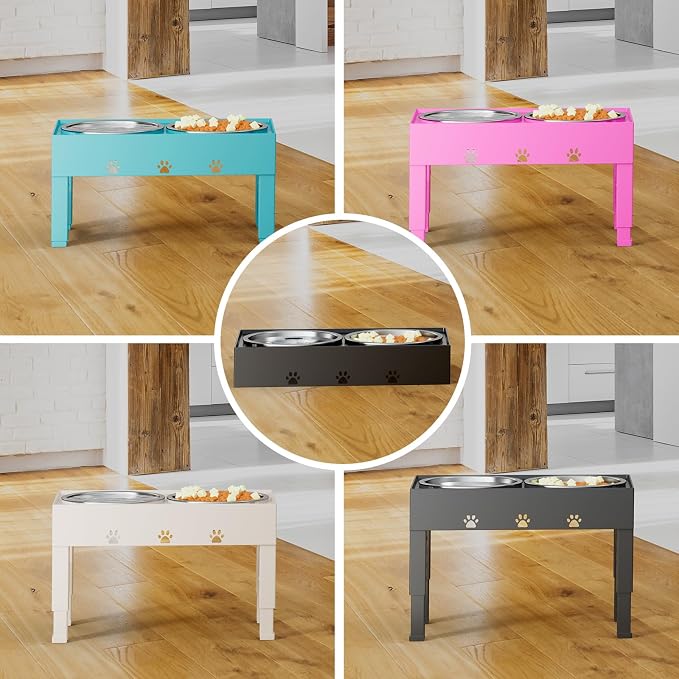 LAKIPETN Elevated Dog Bowls with Mat, Raised Dog Food Bowl Stand with 2 Stainless Steel Bowls, 5 Height Adjustable (3.1", 9", 10", 11", 12") Non-Slip Feeder Set for Medium and Large Dogs â Apricot