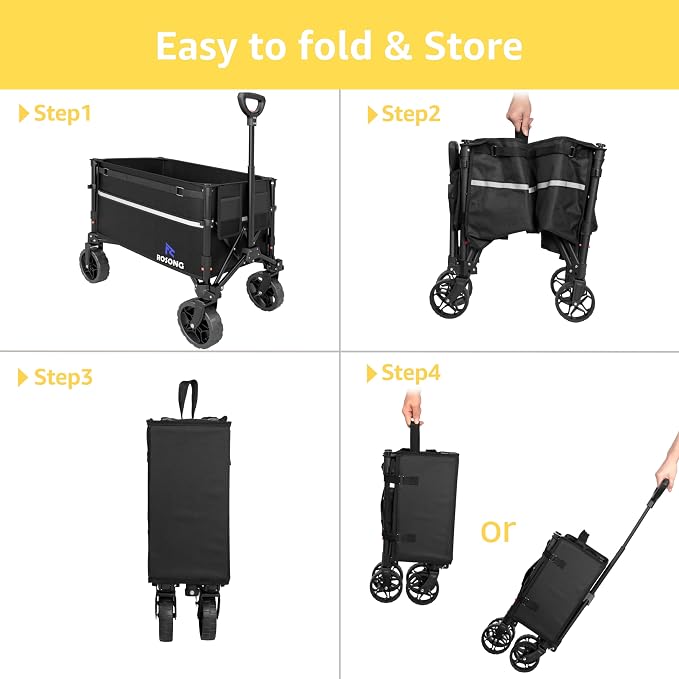 ROSONG Collapsible Wagon Cart with Wheels Foldable - Folding Utility Heavy Duty Wagons Carts for Grocery Sports Garden Shopping Camping Wheelbarrows (Black, 120L)