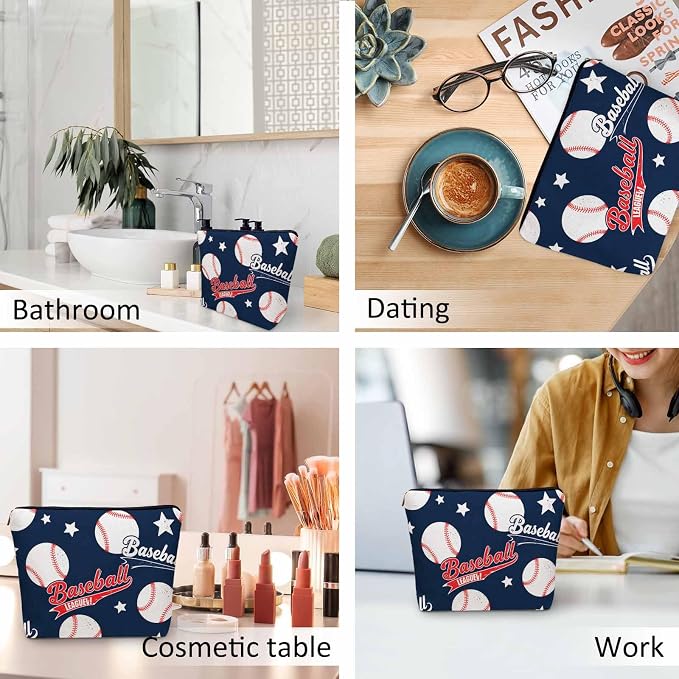 Baseball Makeup Organizer Bag Cosmetic Bag For Men Women, Sports Ball Softball Baseball Blue Travel Toiletry Bag Flax Makeup Bags Purse Business Makeup Pouch For Toiletries Cosmetics