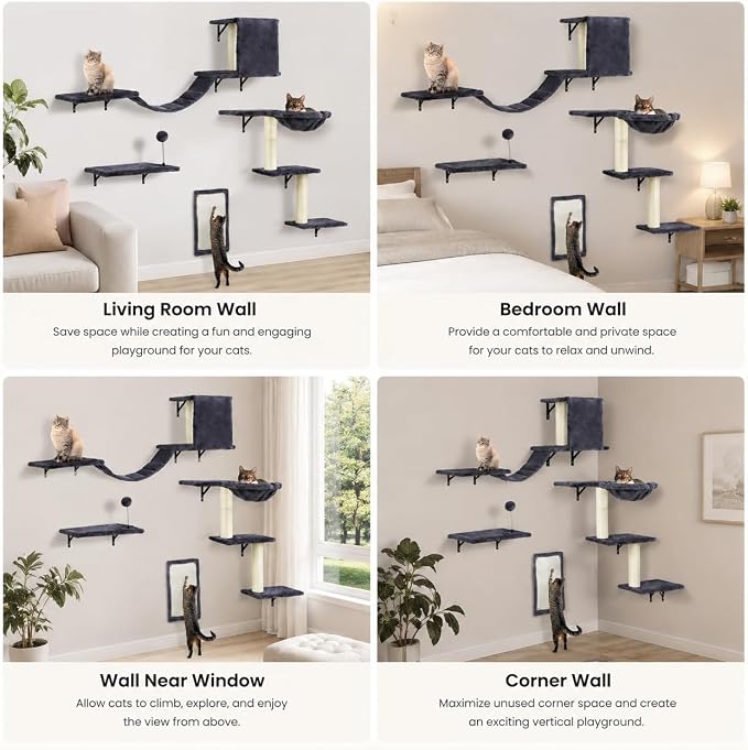 Cat Wall Shelves, Space-Saving Wall-Mounted Cat Climbing Set for Large Cats | Multi-Level Climbing System, Wall Furniture, Bed, Steps, Hammock, Wall Scratcher, Indoor Cat 40 lbs Small Place Corner Room