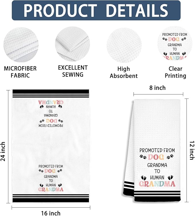 New First Time Grandma Gifts Bathroom Towels, Dog Grandma Gifts Dish Tea Towels, Promoted from Dog-Grandma to Human-Grandma Decorative Hand Towels for Kitchen Bathroom Decor, 16x24 Inch