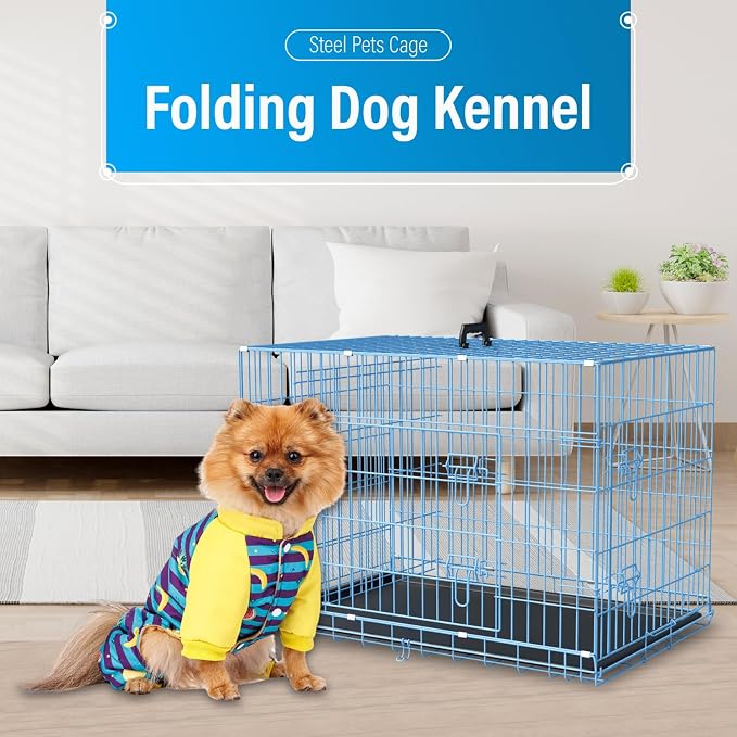 Dog Crate Dog Cage Dog Kennel Outdoor Metal Wire Double-Door Folding Pet Animal Pet Cage for Small Dog 24 inches with Plastic Tray and Handle,Blue
