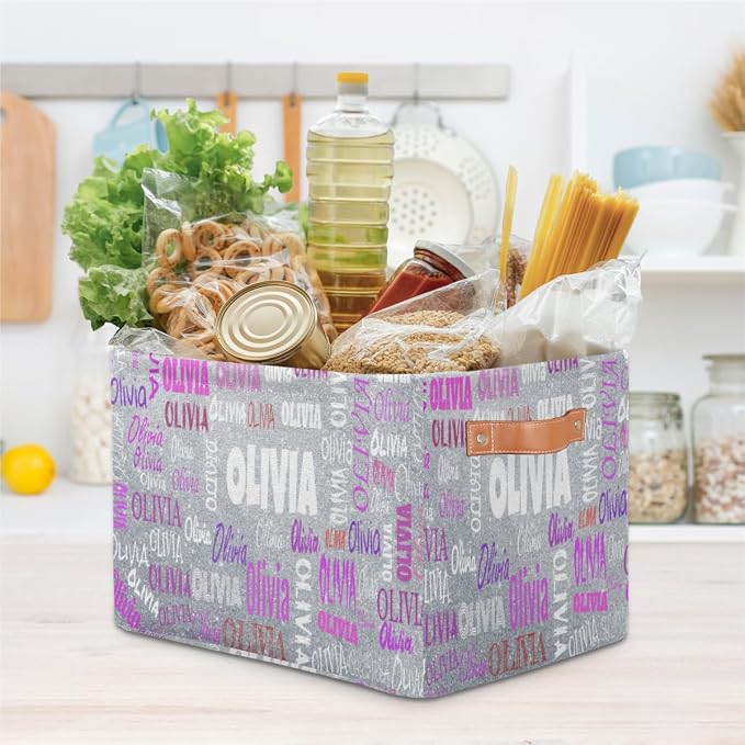 Personalized Storage Basket with Handles, Silver Glitters Print | Organizing Boys Girls Pets Toys Closet Shelf Clothes Books