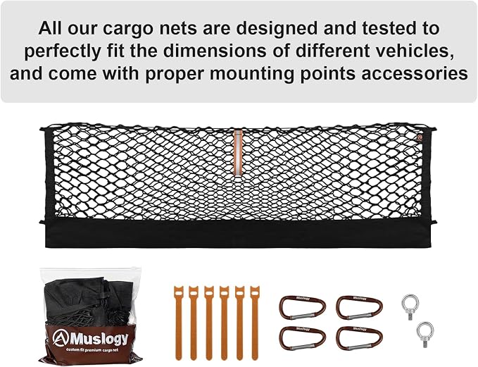 Muslogy Cargo Net for Jeep Gladiator 2020-2025 2026 JT Accessories | Custom Fit, Trunk Storage Organizer Net for SUV Sedan Van Divider, with Heavy Duty Carabiners, Night Visible Grab Handle