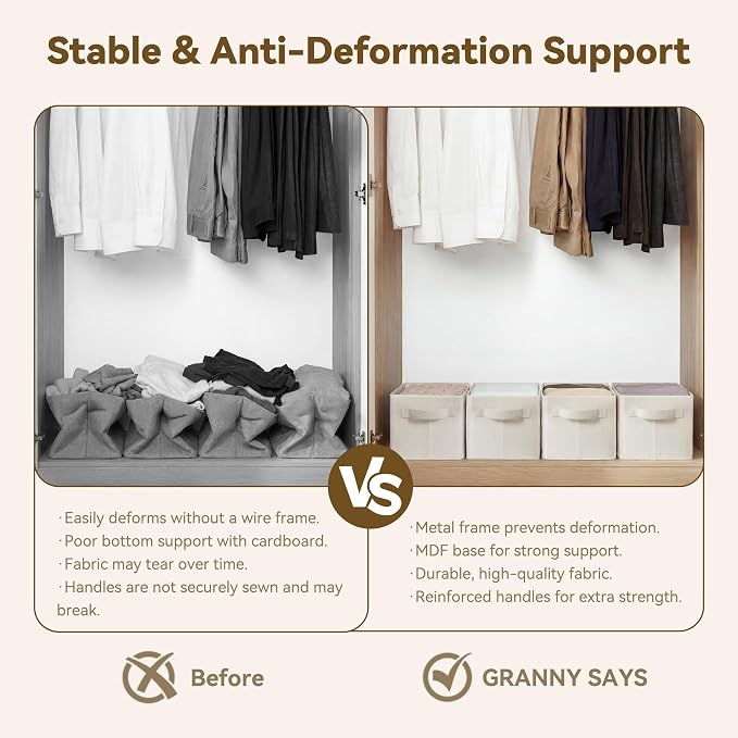 GRANNY SAYS Closet Storage Bins, Storage Basket for Shelves, Beige, 2-Pack | With Metal Frame, Foldable, Sturdy Handles, Basket for Closet, Shelf, Bedroom, Holds Blankets, Clothes, 13"x8.5"x7"