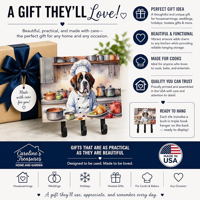 Caroline's Treasures Saint Bernard The Chef Leash or Key Holder Wall Hooks, Key Hooks Holder, Coat Rack Wall Mount, Coat Hooks, Hooks for Hanging Keys, Towels, Aprons, Leashes | Saint Bernard The Chef artwork on ceramic tile with three steel hooks for ...