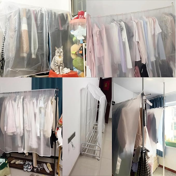 Clothes Rack Covers DustProof Frosted Rolling Clothing Rack Dust Cover Protector for Garment Rack with Wheels Standing Rolling Clothes Racks Portable Closet Wardrobe Racks Hanging Clothes