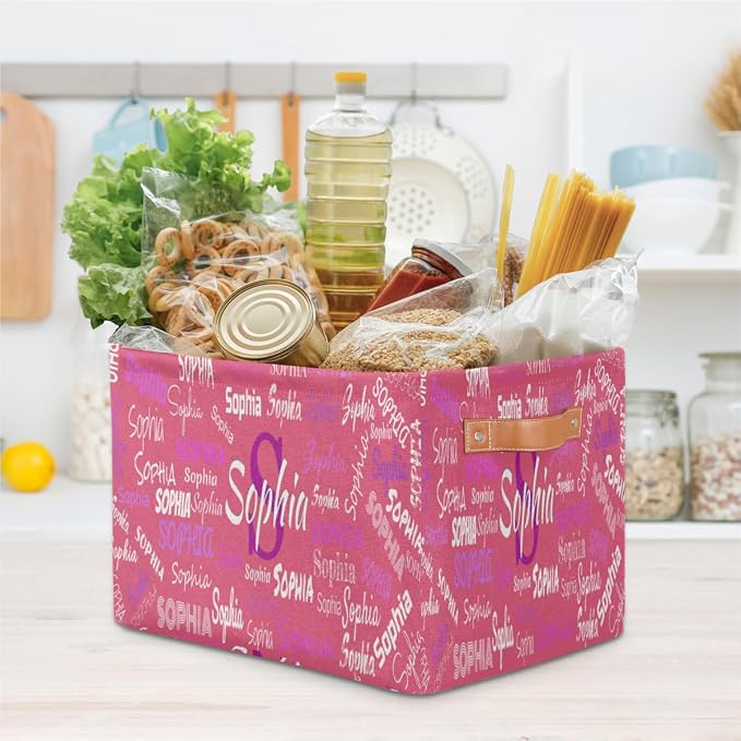 Custom Storage Baskets for Kids with Name, Large Foldable Organizer Collapsible Storage Bin with Leather Handle for Home Toys Closet Nursery, Light Violet Red Color