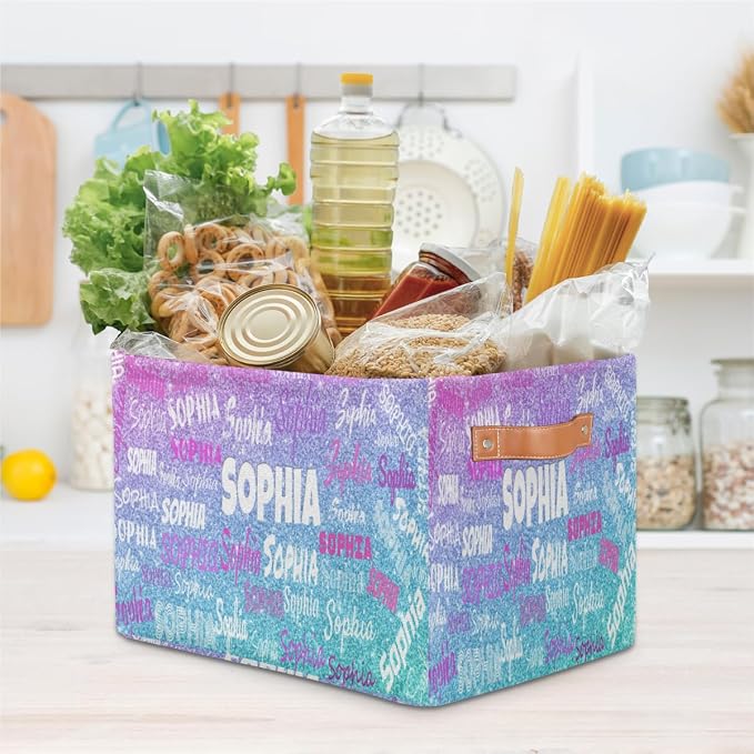 Personalized Name Storage Basket, Gradient Purple Blue Glitters Print | Organizing Boys Girls Pets Toys Closet Shelf Clothes Books