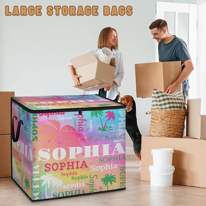 Custom Extra Large Storage Baskets Name with Lid, Green Pink Tropical Palm Tree Personalized Storage Bins Boxes Handles for Clothes Blanket Bedroom Closet Shelves, Painted Blue Pink Background
