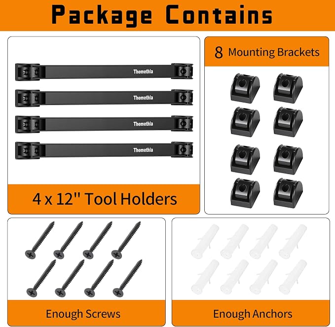 12" Magnetic Tool Holder Strip, 4 Pieces Black Metal Tool Organizer Rack with Stainless Steel Surface, Magnet Bar for Garage Workshop, Easy To Install with Mounting Screws