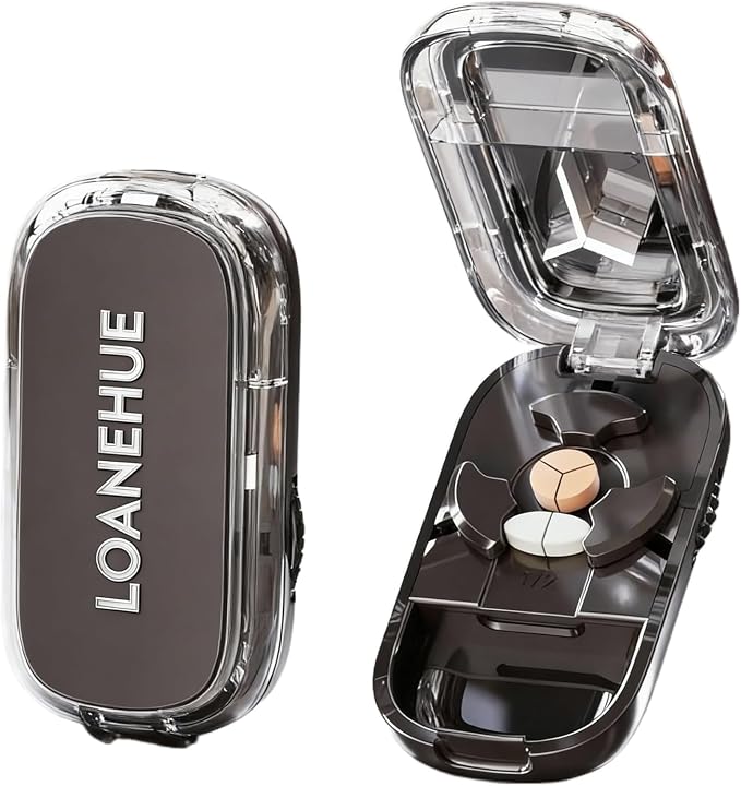 Precision Pill Cutter for Small and Tiny Pills, Sharp Blade with Storage Compartment, Travel-Friendly 1/2 1/3 Pill Splitter for Home/On-The-Go, Black