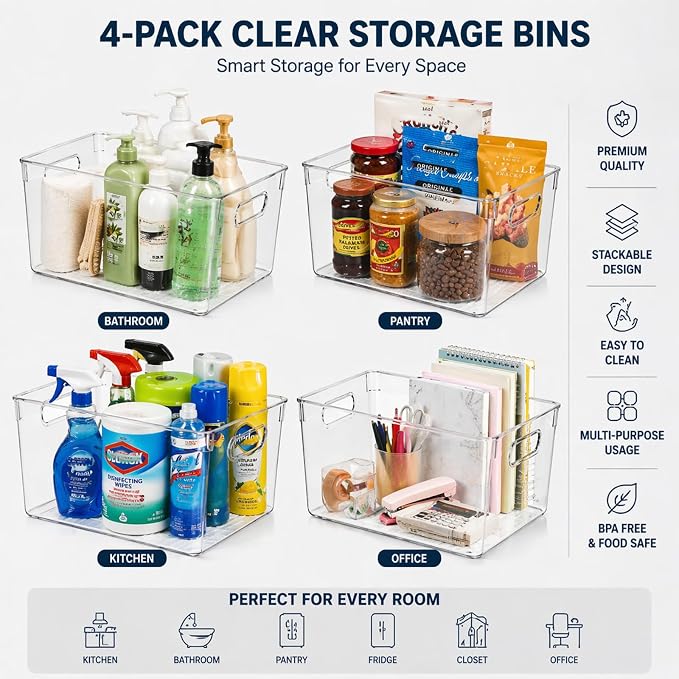 MOONEDGE 4 Pack Clear Plastic Storage Bins 11x8x6in Storage Containers | Drawer Organizer with Handles, Clear Bins for Organizing, Pantry, Kitchen, Fridge, Bath, Cabinet, Closet Shelf, Under-Sink