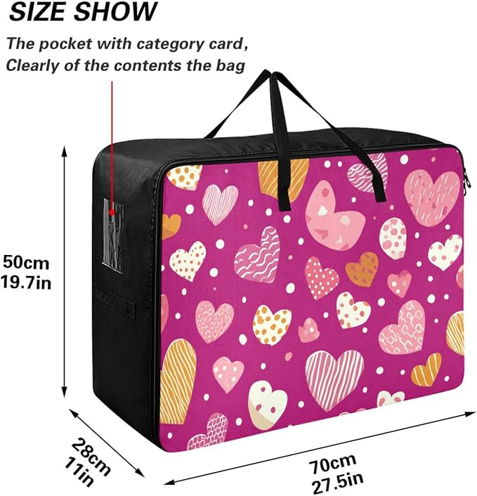Comforter Storage Bags Large Folding Blanket Organizer Bag with Strong Handles Clear Window Closet Storage Containers for Clothes King Queen Pillows Bedding Quilt Duvet Pink Stripes Hearts