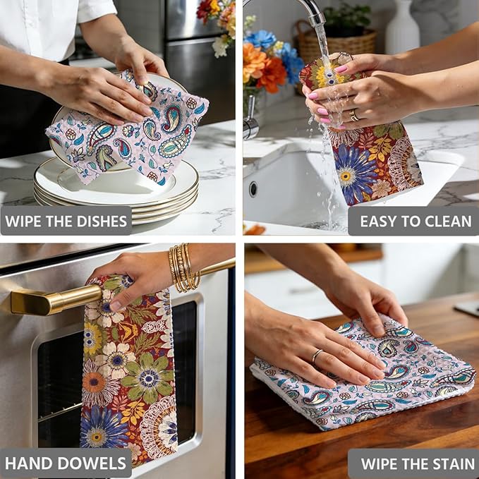 2PCS Vintage Boho Floral Kitchen Towels 14x24 Inch, Absorbent Microfiber Decorative Dish Cloth Tea Towel, Retro Colorful Flower Dish Tea Towels Drying Cloth for Kitchen, Housewarming Gifts for Women01