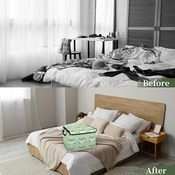 Cute Frog Storage Bins with Lids, Cartoon Animal Foldable Storage Boxes with Carrying Handle Organizer Containers Baskets Cube for Home Bedroom Closet