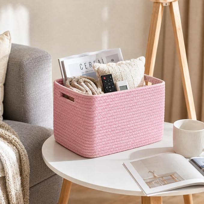 5 Pack Woven Storage Baskets, Decorative Storage Bins for Organizing | 13.8'' × 9.8'' × 7.9'', Cute Cotton Rope Basket Organizer for Closet, Shelves, bathroom, Nursery, Toys, Books, Pantry, Pink